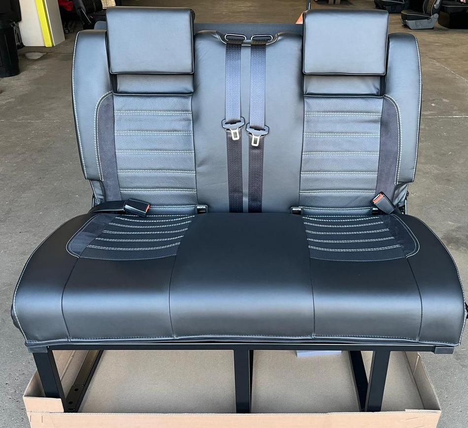 RIB Altair 112 with Isofix, black Nappa leather seats with perforated centre panel, black Alcantara inserts, light grey stitching, and integrated seatbelts.