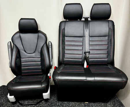 VW Factory T5 T6 Front Seats with arm rest, black Nappa leather, black Alcantara inserts, red stitching, perforated centre panel.